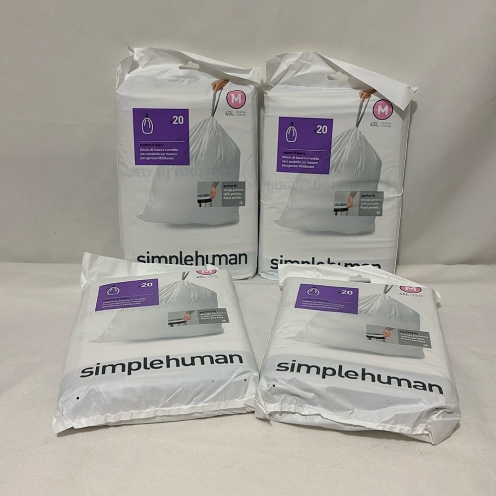 4 PACK simplehuman Code M 45 L Trash Bags 80 Liners Total White Extra Strong